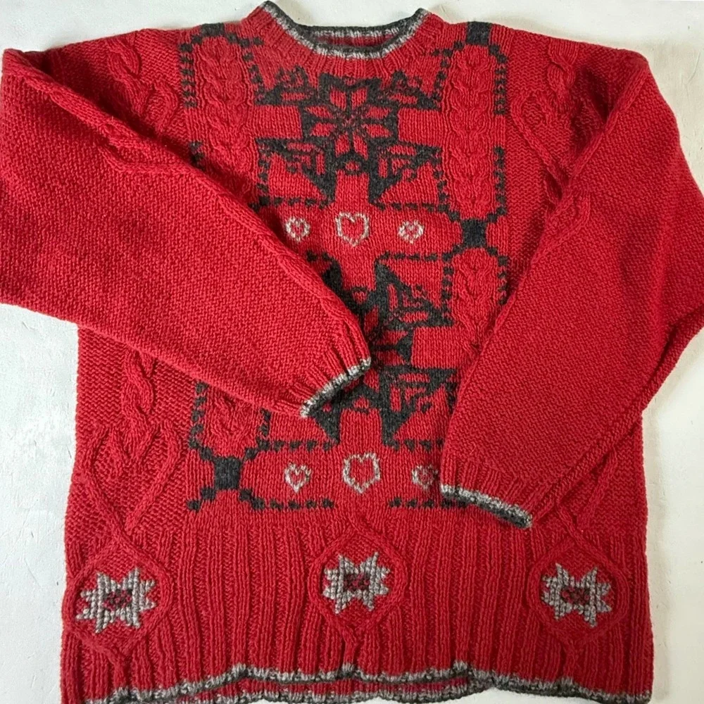Woolrich Handknit Pure Wool Sweater Medium Ruby Red Excellent Nordic Cable Knit - Picture 2 of 7